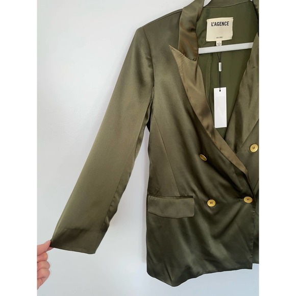 L’AGENCE green satin 3/4 sleeve collard blazer size 2 0063 - Picture 2 of 14